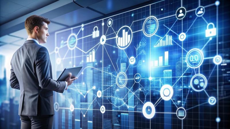 businessman analyzing digital data large screen scaled optimized